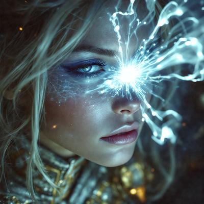 The primary subject of the image is a woman with blonde hair, wearing a gold outfit. She is looking upwards, possibly at a light source or an interesting object. The setting appears to be a dark room, with a backdrop of a bright light. The visual style of the image is a combination of photo and digital art, creating a unique and intriguing atmosphere. The colors in the image are predominantly gold and black, giving the scene a sense of luxury and sophistication.